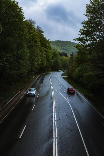 Foto auto sulla strada in mezzo agli alberi contro il cielo