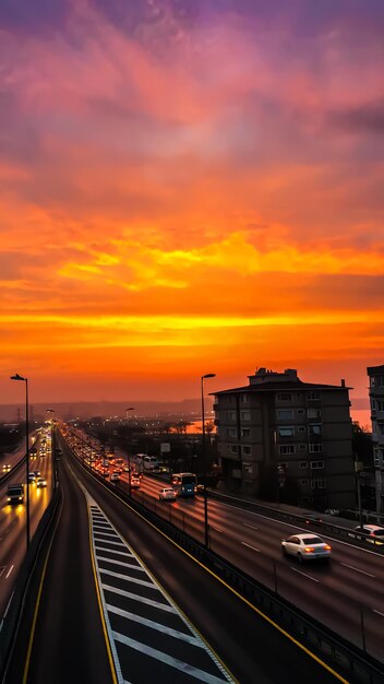 Cars on road in city against orange sky