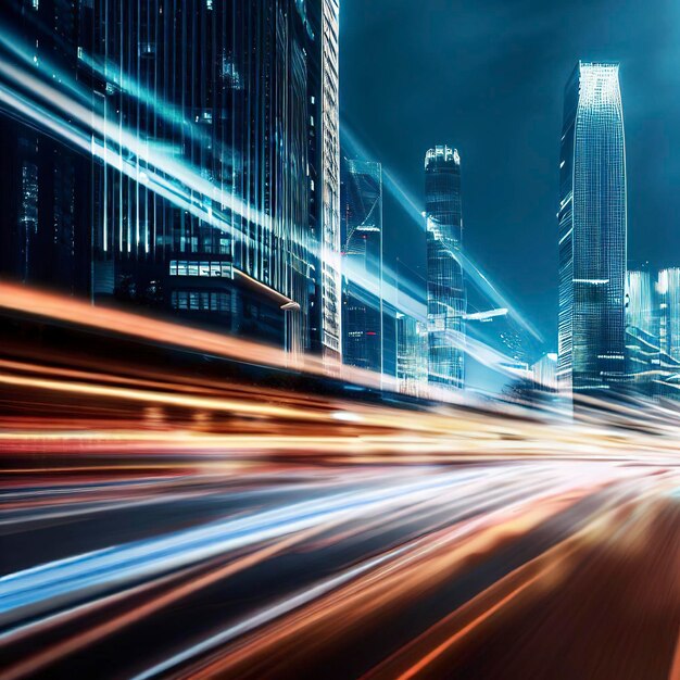 Cars speed through city as skyscrapers illuminate night