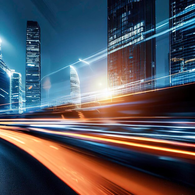 Cars speed through city as skyscrapers illuminate night