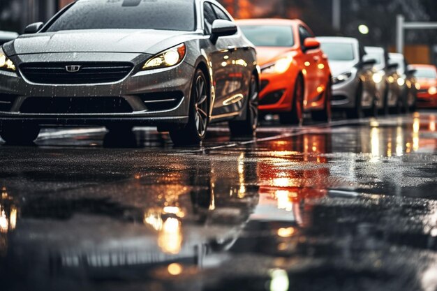 Cars standing on parking lot in city in rain