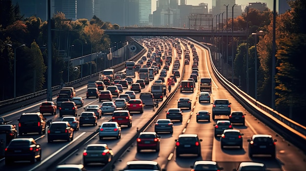 Cars staying in traffic jam on highway in sunset global warming carbon trace concept