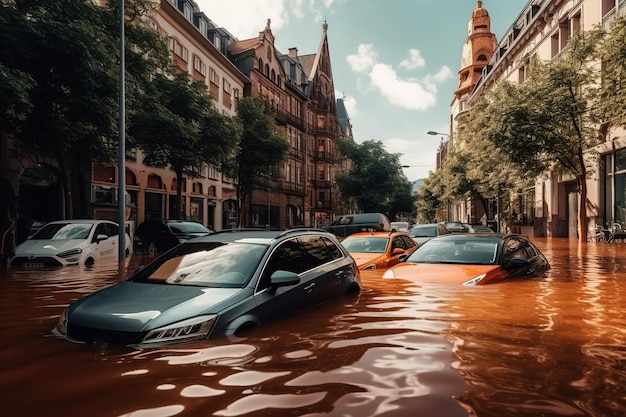 cars submerged in flood water in the city