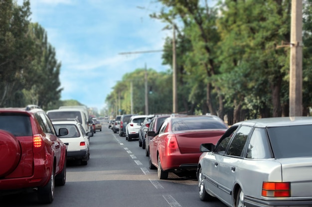 Cars in traffic jam on city street