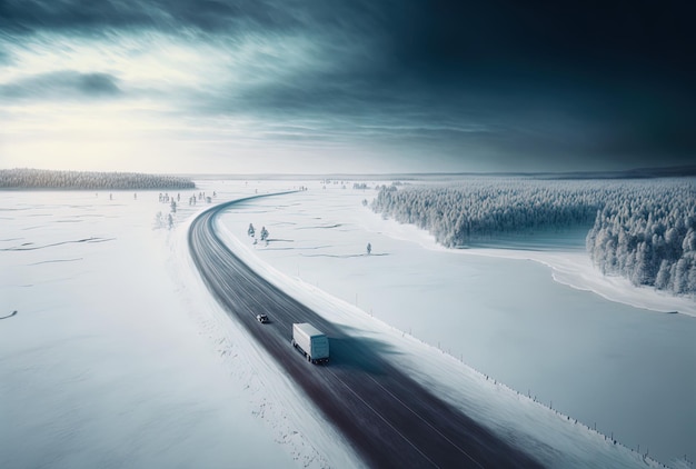 Cars traveling across Finlands stunning icy landscape