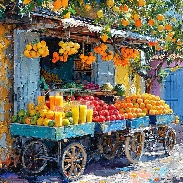 Photo a cart of fruit and vegetables is shown with a cart full of oranges