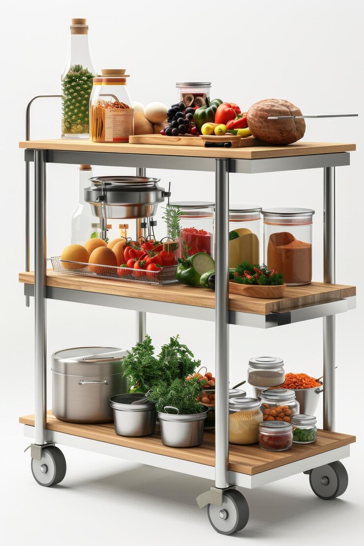 A cart full of food and spices with a wooden shelf