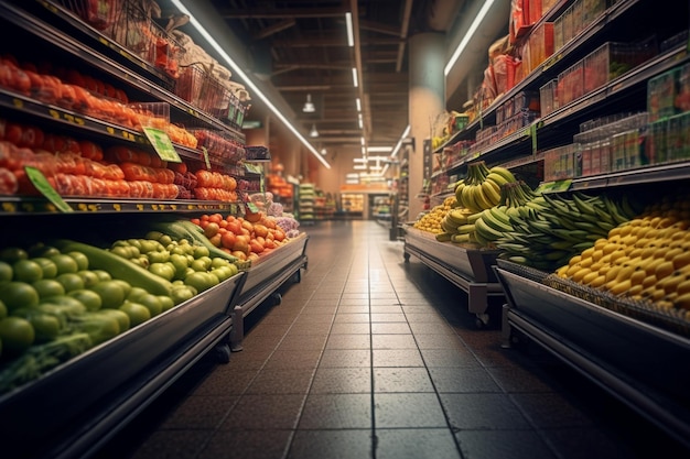 Cart in the middle of a supermarket with plenty of fruits and vegetables at the side