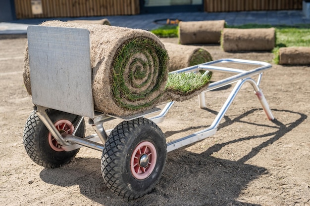 Photo cart transporting roll of grass turfs