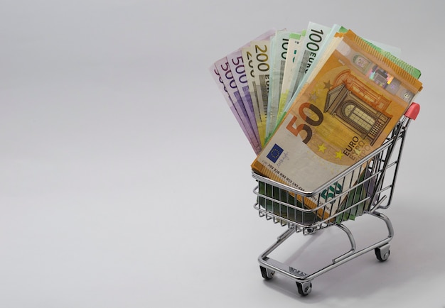 Cart with euro banknotes of various denominations 