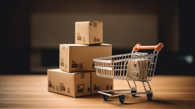 A cart with the letter t on it sits on a table next to a stack of boxes