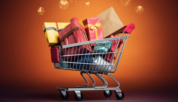 Cart with Shopping Bags and Gifts vibrant colours