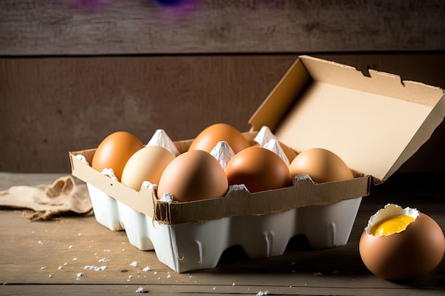 A carton box of brown eggs A cracked egg with yolk in the distance