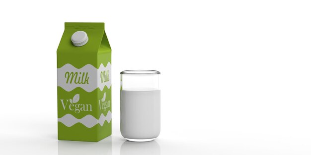 Carton box and glass of vegan milk 3d illustration