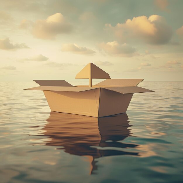 Photo carton box in the shape of ship floating by the sea at the seaportdelivery concept