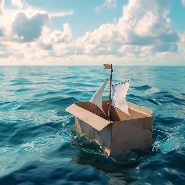 carton box in the shape of ship floating by the sea at the seaportdelivery concept