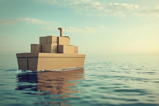 carton box in the shape of ship floating by the sea at the seaportdelivery concept