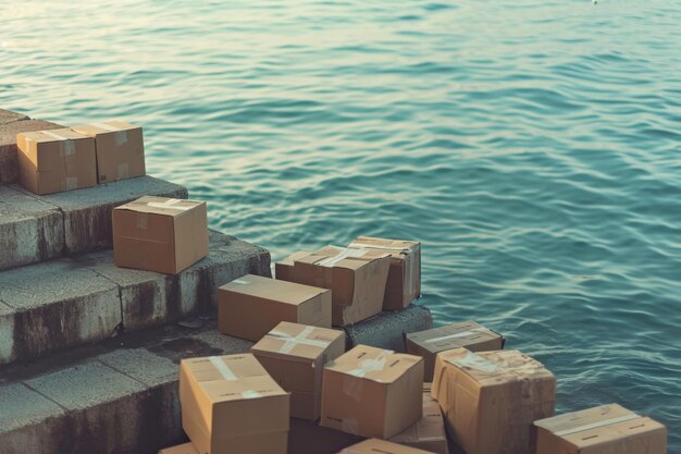 Photo carton box in the shape of ship floating by the sea at the seaportdelivery concept