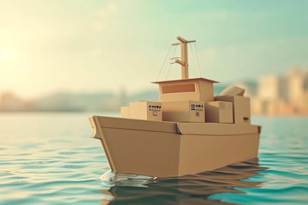 carton box in the shape of ship floating by the sea at the seaportdelivery concept