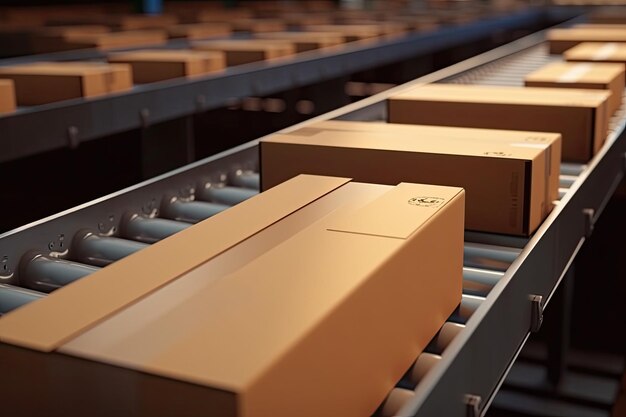 Carton boxes on conveyor belt warehouse packaging concept Generative AI