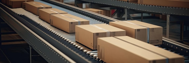 Carton boxes on conveyor belt warehouse packaging concept Generative AI