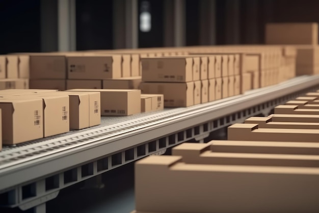 carton boxes on conveyor belt warehouse for product store AI