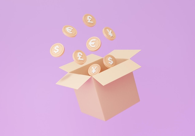 Carton brown surprise parcel or open box coins money floating\
on purple background cashback business finance exchange rate\
concept 3d render illustration