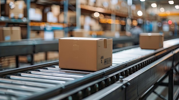 картонная картонная коробка на конвейерной ленте на складе Промышленный фон