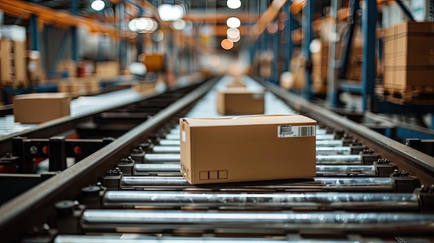 carton cardboard boxes on conveyor belt in warehouse Industrial background