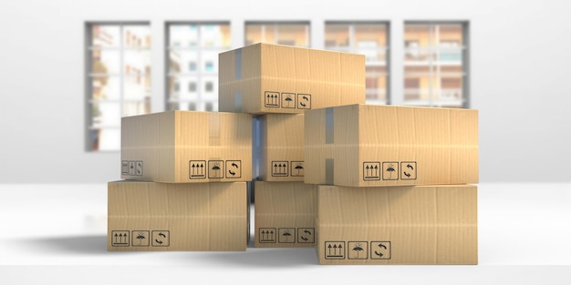 Carton moving boxes closed on office background 3d illustration