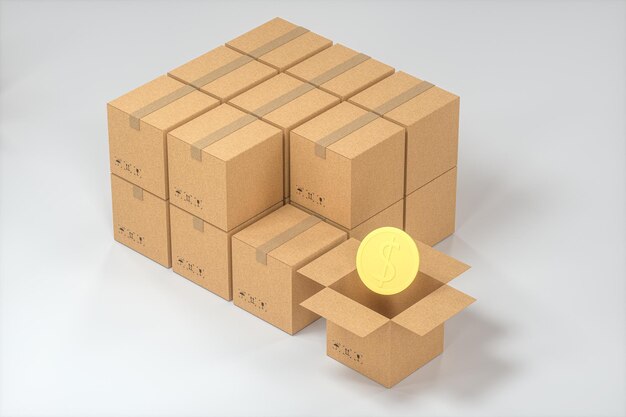 The cartons and coins are on a white background 3d rendering computer digital drawing