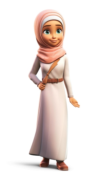 A cartoon 3d character muslim girl with white background