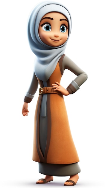 A cartoon 3d character muslim girl with white background