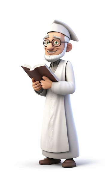 Photo a cartoon 3d character of muslim scholar reading a book