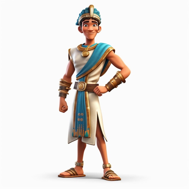 A cartoon 3d character with a blue and gold outfit and a white background