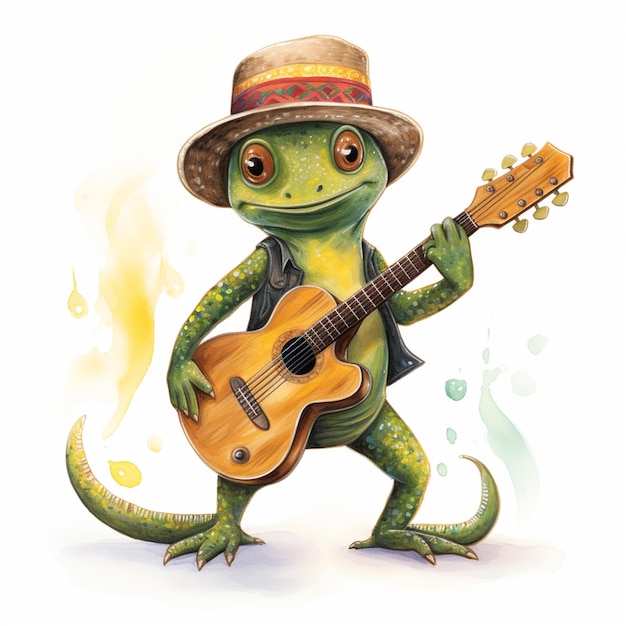 A cartoon 3d frog with guitar white background