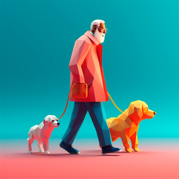 Cartoon 3D gestileerde illustratie van oudere man lopen met geleidehond AI gegenereerd