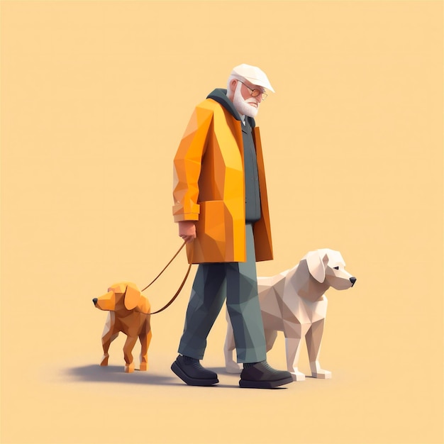 Cartoon 3D gestileerde illustratie van oudere man lopen met geleidehond AI gegenereerd