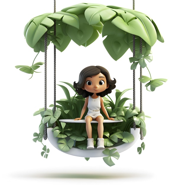 Cartoon 3d of a girl swing in the jungle isolated on white