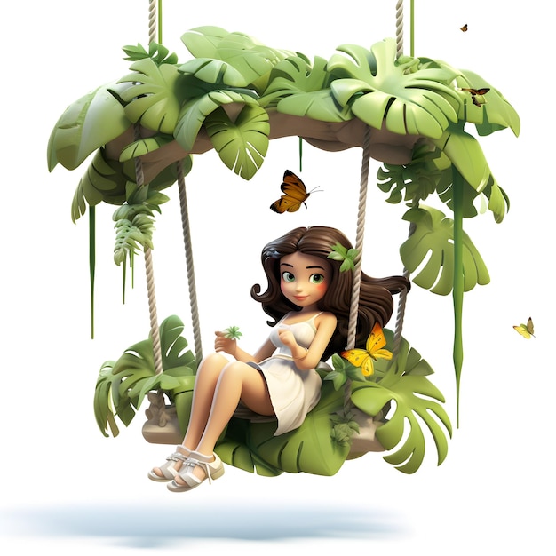 Cartoon 3d of a girl swing in the jungle isolated on white