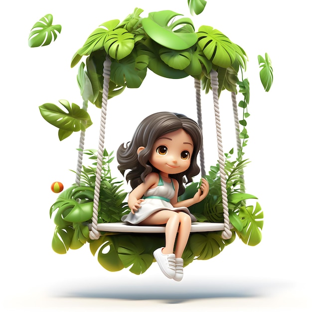 Cartoon 3d of a girl swing in the jungle isolated on white