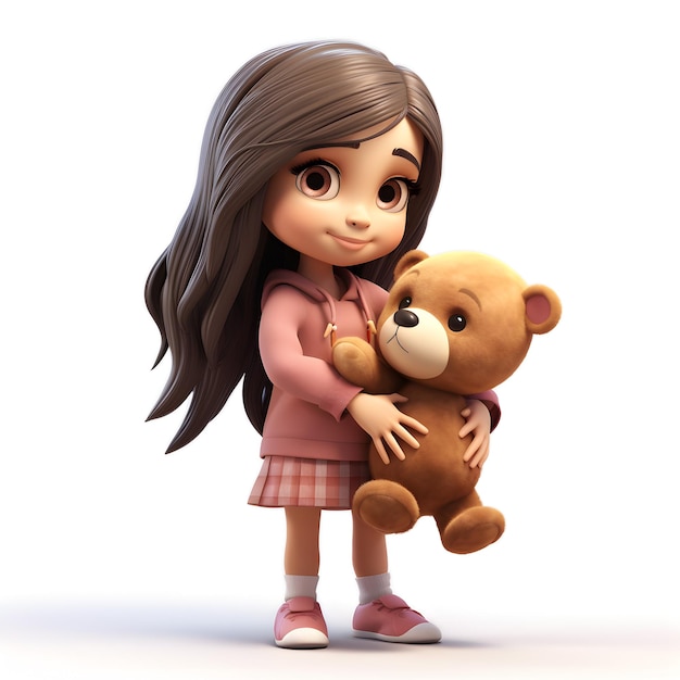 Cartoon 3d girl with teddy bear isolated on white