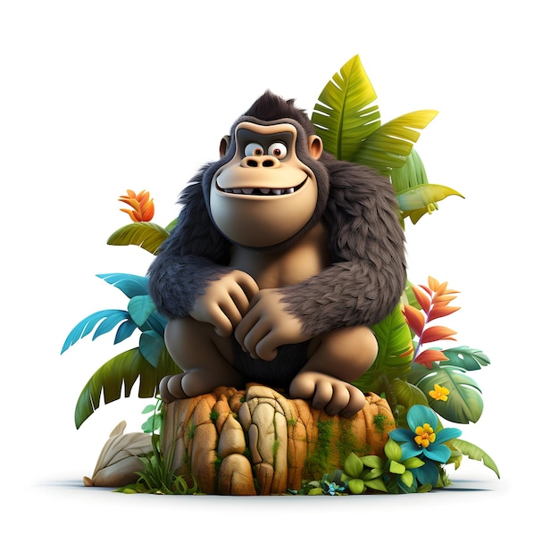 Photo cartoon 3d gorilla in the jungle isolated on white