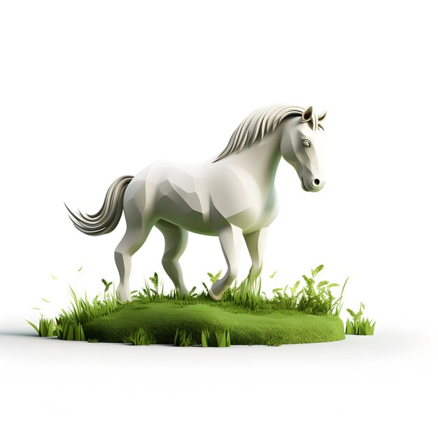 Cartoon 3d horse on the grass isolated on white