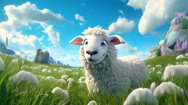 カートゥーン 3D イラスト 白い羊を放牧する写真