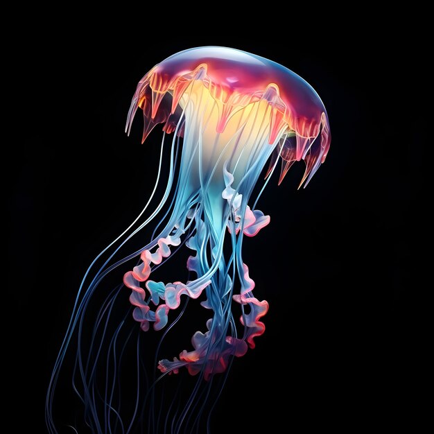 Cartoon 3d jelly fish with neon light isolated on black