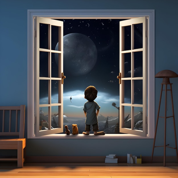 カートゥーン3Dの子供が窓から満月を見ている
