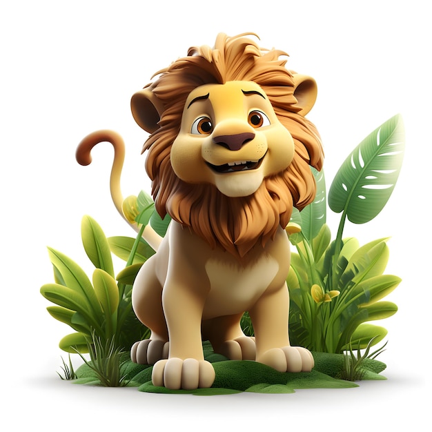 Cartoon 3d of lion with tropical plants isolated on white