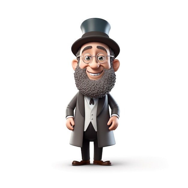 A cartoon 3d man with a beard and a suit jacket is standing in front of a white background