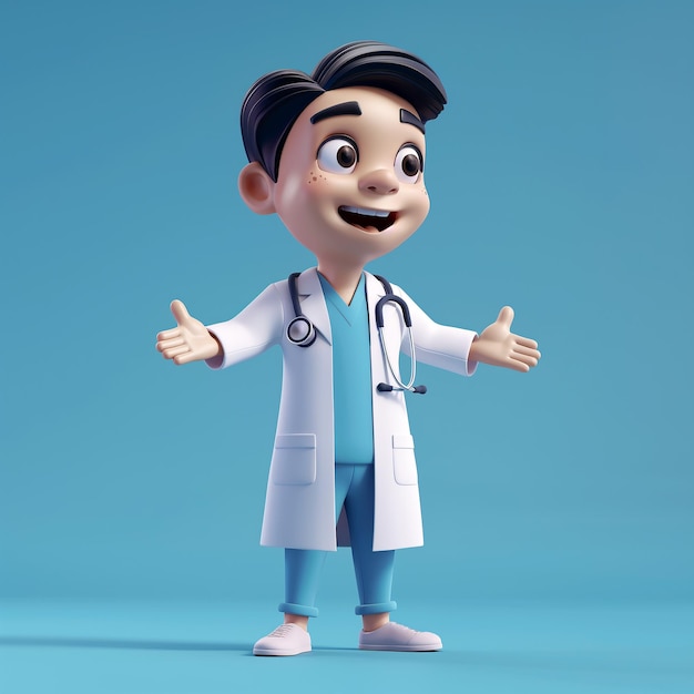 Foto cartoon 3d model aziatische dokter man met blauwe achtergrond